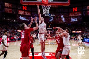 Nebraska Cornhusker forward Rienk Mast (51) tips the ball in against the Wisconsin Badgers in the first half during a college men’s basketball game on Wednesday, Dec. 10, 2025, in Lincoln, Nebraska. Photo by John S. Peterson.
