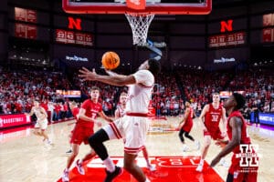 Nebraska Cornhusker guard Jamarques Lawrence (10) makes a lay up against the Wisconsin Badgers in the first half during a college men’s basketball game on Wednesday, Dec. 10, 2025, in Lincoln, Nebraska. Photo by John S. Peterson.