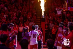 Nebraska Cornhusker guard Jamarques Lawrence (10) introduced as a start against the Wisconsin Badgers during a college men’s basketball game on Wednesday, Dec. 10, 2025, in Lincoln, Nebraska. Photo by John S. Peterson.