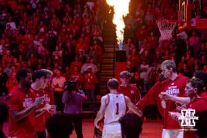 Nebraska Cornhusker guard Sam Hoiberg (1) introduced to the fans against the Wisconsin Badgers during a college men’s basketball game on Wednesday, Dec. 10, 2025, in Lincoln, Nebraska. Photo by John S. Peterson.