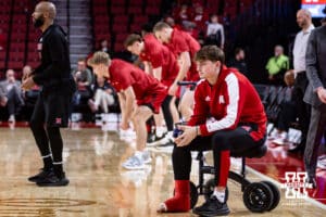 Nebraska Cornhusker Connor Essegian watches warm up before the Huskers take on the Wisconsin Badgers during a college men’s basketball game on Wednesday, Dec. 10, 2025, in Lincoln, Nebraska. Photo by John S. Peterson.