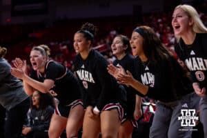 Omaha Mavericks bench cheering for their teammates against the Nebraska Cornhuskers during a college women’s basketball game on Tuesday, Dec. 9, 2025, in Lincoln, Nebraska. Photo by John S. Peterson.