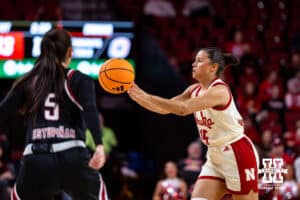 Nebraska Cornhusker guard Kennadi Williams (15) makes a pass against the Omaha Mavericks during a college women’s basketball game on Tuesday, Dec. 9, 2025, in Lincoln, Nebraska. Photo by John S. Peterson.