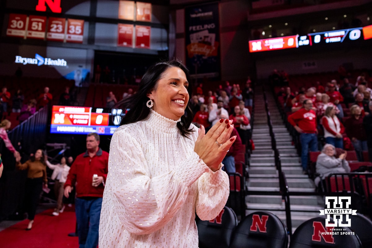 Nebraska Cornhusker head coach Amy Williams makes her way out to the court to take on the Omaha Mavericks during a college women’s basketball game on Tuesday, Dec. 9, 2025, in Lincoln, Nebraska. Photo by John S. Peterson.