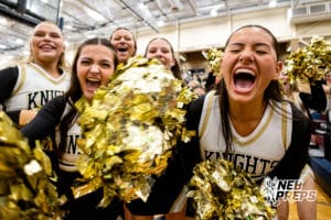 Lincoln Southeast cheerleaders celebrate their win against North Star during a high school basketball game Friday, December 5, 2025, in Lincoln, Nebraska. Photo by Braden Cochran.