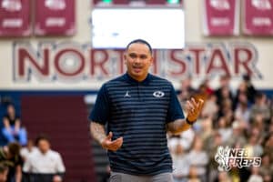 Lincoln North Star head coach Bryan Castor talks with an assistant during a high school basketball game against Lincoln Southeast on Friday, December 5, 2025, in Lincoln, Nebraska. Photo by Braden Cochran.