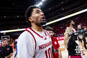 Nebraska Cornhusker guard Jamarques Lawrence (10) celebrates the win over the Creighton Bluejays during a college basketball game on Sunday, Dec. 7, 2025, in Lincoln, Nebraska. Photo by John S. Peterson.