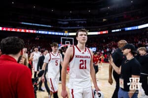 Nebraska Cornhusker forward Pryce Sandfort (21) celebrates the win over the Creighton Bluejays during a college basketball game on Sunday, Dec. 7, 2025, in Lincoln, Nebraska. Photo by John S. Peterson.
