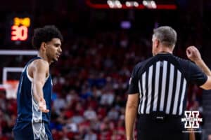 Creighton Bluejay guard Nik Graves (5) complains to the referee in the second half during a college basketball game against the Nebraska Cornhuskers on Sunday, Dec. 7, 2025, in Lincoln, Nebraska. Photo by John S. Peterson.