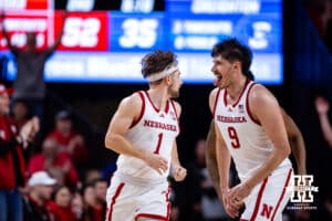 Nebraska Cornhusker forward Berke Buyuktuncel (9) celebrates a basket against the Creighton Bluejays in the second half during a college basketball game on Sunday, Dec. 7, 2025, in Lincoln, Nebraska. Photo by John S. Peterson.