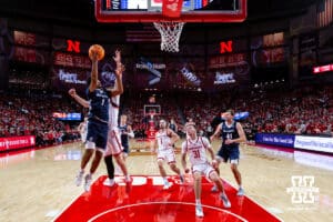 Creighton Bluejay guard Austin Swartz (1) makes a lay up against the Nebraska Cornhuskers in the second half during a college basketball game on Sunday, Dec. 7, 2025, in Lincoln, Nebraska. Photo by John S. Peterson.