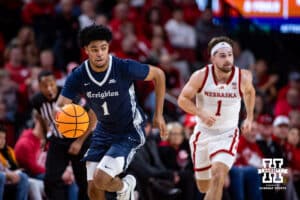 Creighton Bluejay guard Austin Swartz (1) dribbles the ball down the court against the Nebraska Cornhuskers in the second half during a college basketball game on Sunday, Dec. 7, 2025, in Lincoln, Nebraska. Photo by John S. Peterson.