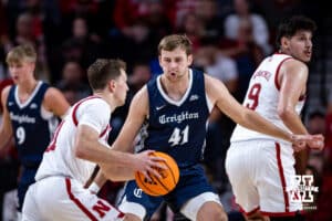 Creighton Bluejay forward Isaac Traudt (41) guards Nebraska Cornhusker guard Cale Jacobsen (31) in the second half during a college basketball game on Sunday, Dec. 7, 2025, in Lincoln, Nebraska. Photo by John S. Peterson.