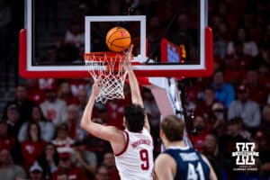 Nebraska Cornhusker forward Berke Buyuktuncel (9) makes a lay up against the Creighton Bluejays in the second half during a college basketball game on Sunday, Dec. 7, 2025, in Lincoln, Nebraska. Photo by John S. Peterson.