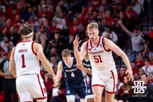 Nebraska Cornhusker forward Rienk Mast (51) celebrates making a three-point shot against the Creighton Bluejays in the second half during a college basketball game on Sunday, Dec. 7, 2025, in Lincoln, Nebraska. Photo by John S. Peterson.