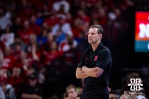 Nebraska Cornhusker head coach Fred Hoiberg watches the action on the court against the Creighton Bluejays in the first half during a college basketball game on Sunday, Dec. 7, 2025, in Lincoln, Nebraska. Photo by John S. Peterson.