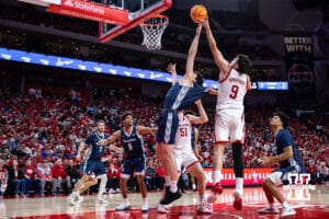 Nebraska Cornhusker forward Berke Buyuktuncel (9) grabs the rebound against the Creighton Bluejays in the first half during a college basketball game on Sunday, Dec. 7, 2025, in Lincoln, Nebraska. Photo by John S. Peterson.