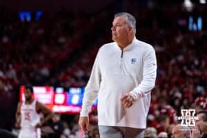 Creighton Bluejay head coach Greg McDermott watches the action on the court against the Nebraska Cornhuskers in the first half during a college basketball game on Sunday, Dec. 7, 2025, in Lincoln, Nebraska. Photo by John S. Peterson.