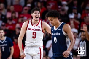 Nebraska Cornhusker forward Berke Buyuktuncel (9) celebrates a big play against the Creighton Bluejays in the first half during a college basketball game on Sunday, Dec. 7, 2025, in Lincoln, Nebraska. Photo by John S. Peterson.
