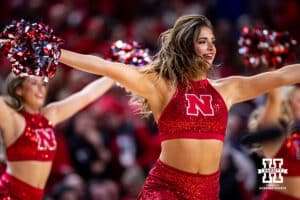 Nebraska Cornhuskers dance team the Scarlets perform at a break in the action against the Creighton Bluejays in the first half during a college basketball game on Sunday, Dec. 7, 2025, in Lincoln, Nebraska. Photo by John S. Peterson.