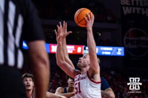 Nebraska Cornhusker forward Rienk Mast (51) makes a lay up agianst the Creighton Bluejays in the first half during a college basketball game on Sunday, Dec. 7, 2025, in Lincoln, Nebraska. Photo by John S. Peterson.