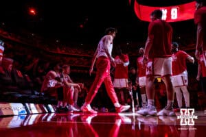Nebraska Cornhusker forward Berke Buyuktuncel (9) walks out for his introduction before a college basketball game against the Creighton Bluejays on Sunday, Dec. 7, 2025, in Lincoln, Nebraska. Photo by John S. Peterson.