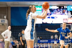 Creighton Bluejay Elizabeth Gentry (35) attempts a three pointer during a basketball game against Tulsa on Sunday, Dec 7, 2025, in Omaha, Nebraska. Photo by Brandon Tiedemann.