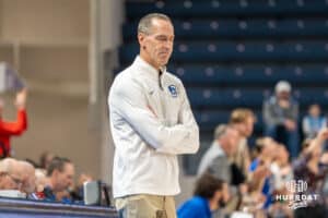 Creighton Bluejay head coach Jim Flanery looks down during a basketball game against Tulsa on Sunday, Dec 7, 2025, in Omaha, Nebraska. Photo by Brandon Tiedemann.
