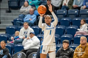 Creighton Bluejay Kendall McGee (1) attempts a three during a basketball game against Tulsa on Sunday, Dec 7, 2025, in Omaha, Nebraska. Photo by Brandon Tiedemann.