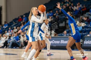 Creighton Bluejay Norah Gessert (30) attempts a jump shot during a basketball game against Tulsa on Sunday, Dec 7, 2025, in Omaha, Nebraska. Photo by Brandon Tiedemann.