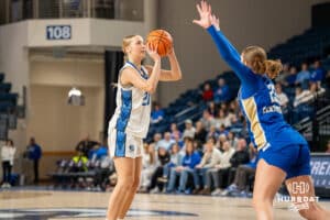 Creighton Bluejay Neleigh Gessert (23) attempts a three pointer during a basketball game against Tulsa on Sunday, Dec 7, 2025, in Omaha, Nebraska. Photo by Brandon Tiedemann.