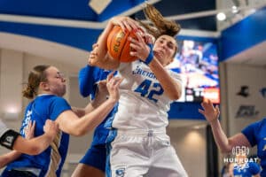 Creighton Bluejay Grace Boffeli (42) fights for a rebound during a basketball game against Tulsa on Sunday, Dec 7, 2025, in Omaha, Nebraska. Photo by Brandon Tiedemann.