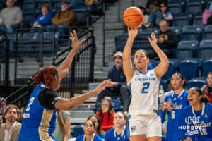 Creighton Bluejay Kennedy Townsend (2) attempts a three pointer during a basketball game against Tulsa on Sunday, Dec 7, 2025, in Omaha, Nebraska. Photo by Brandon Tiedemann.