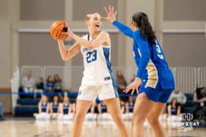Creighton Bluejay Neleigh Gessert (23) calls for a teammate during a basketball game against Tulsa on Sunday, Dec 7, 2025, in Omaha, Nebraska. Photo by Brandon Tiedemann.