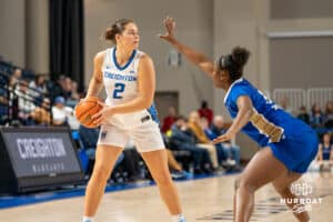 Creighton Bluejay Kennedy Townsend (2) looks to pass during a basketball game against Tulsa on Sunday, Dec 7, 2025, in Omaha, Nebraska. Photo by Brandon Tiedemann.