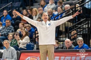 Creighton Bluejay head coach Jim Flanery calls out a play during a basketball game against Tulsa on Sunday, Dec 7, 2025, in Omaha, Nebraska. Photo by Brandon Tiedemann.