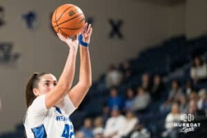 Creighton Bluejay Grace Boffeli (42) shoots a free throw during a basketball game against Tulsa on Sunday, Dec 7, 2025, in Omaha, Nebraska. Photo by Brandon Tiedemann.