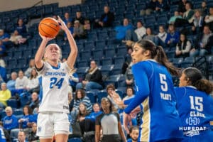 Creighton Bluejay Ava Zediker (24) shoots a jump shot during a basketball game against Tulsa on Sunday, Dec 7, 2025, in Omaha, Nebraska. Photo by Brandon Tiedemann.