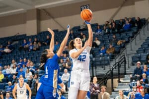 Creighton Bluejay Grace Boffeli (42) shoots during a basketball game against Tulsa on Sunday, Dec 7, 2025, in Omaha, Nebraska. Photo by Brandon Tiedemann.