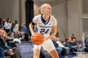 Creighton Bluejay Ava Zediker (24) looks to pass during a basketball game against Tulsa on Sunday, Dec 7, 2025, in Omaha, Nebraska. Photo by Brandon Tiedemann.