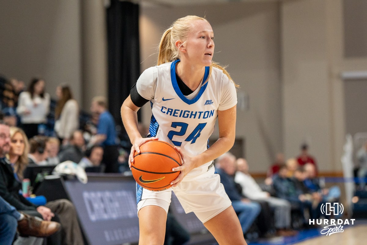 Creighton Bluejay Ava Zediker (24) looks to pass during a basketball game against Tulsa on Sunday, Dec 7, 2025, in Omaha, Nebraska. Photo by Brandon Tiedemann.