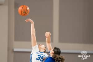 Creighton Bluejay Elizabeth Gentry (35) tips the ball during a basketball game against Tulsa on Sunday, Dec 7, 2025, in Omaha, Nebraska. Photo by Brandon Tiedemann.
