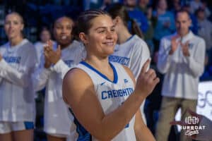 Creighton Bluejay Kennedy Townsend (2) gets introduced before a basketball game against Tulsa on Sunday, Dec 7, 2025, in Omaha, Nebraska. Photo by Brandon Tiedemann.