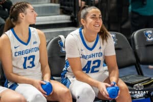 Creighton Bluejay Grace Boffeli (42) waits to be introduced before a basketball game against Tulsa on Sunday, Dec 7, 2025, in Omaha, Nebraska. Photo by Brandon Tiedemann.