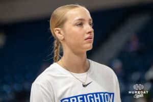 Creighton Bluejay Neleigh Gessert (23) warms up before a basketball game against Tulsa on Sunday, Dec 7, 2025, in Omaha, Nebraska. Photo by Brandon Tiedemann.