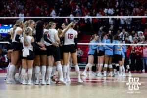Nebraska Cornhuskers celebrate match point in the third set against the LIU Sharks during the first round of the NCAA volleyball tournament on Friday, Dec. 5, 2025, in Lincoln, Nebraska. Photo by John S. Peterson.