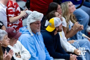 LIU Sharks fan wearing a shark hat at the game against the Nebraska Cornhuskers during the first round of the NCAA volleyball tournament on Friday, Dec. 5, 2025, in Lincoln, Nebraska. Photo by John S. Peterson.