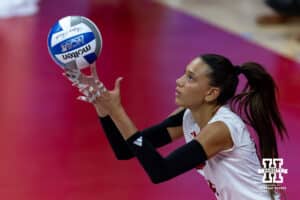 Nebraska Cornhusker outside hitter Harper Murray (27) serves the ball against the LIU Sharks in the second set during the first round of the NCAA volleyball tournament on Friday, Dec. 5, 2025, in Lincoln, Nebraska. Photo by John S. Peterson.
