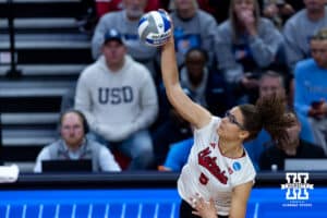 Nebraska Cornhusker middle blocker Rebekah Allick (5) spikes the ball against the LIU Sharks during the first round of the NCAA volleyball tournament on Friday, Dec. 5, 2025, in Lincoln, Nebraska. Photo by John S. Peterson.