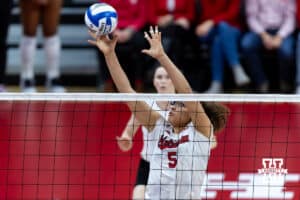 Nebraska Cornhusker middle blocker Rebekah Allick (5) blocks the ball against the LIU Sharks during the first round of the NCAA volleyball tournament on Friday, Dec. 5, 2025, in Lincoln, Nebraska. Photo by John S. Peterson.